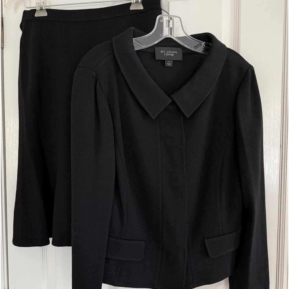 ST JOHN CAVIAR BLACK KNIT JACKET AND SKIRT 2PC SET